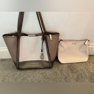 Gray & White Guess Tote with Small White Guess bag inside.